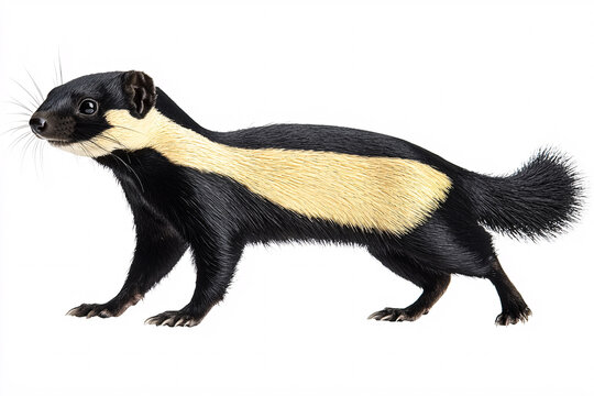 A black and cream-colored skunk-like mammal with a bushy tail stands alert against a stark white background.