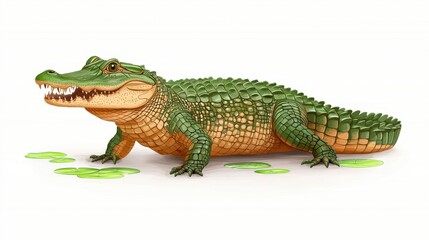 A cartoon-style crocodile with a textured green body, prominent teeth, and a playful posture, set against a simple white background.