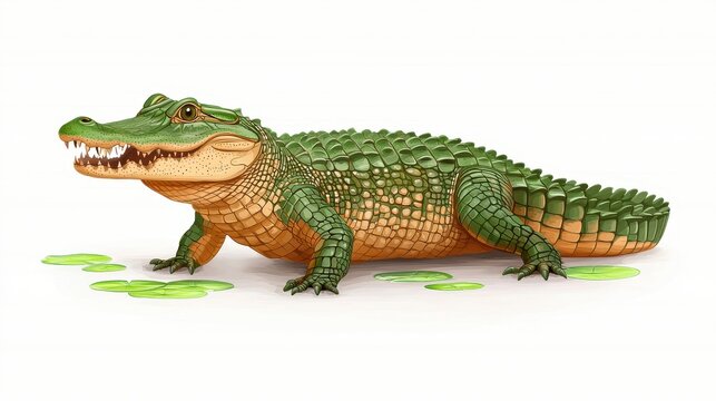 A cartoon-style crocodile with a textured green body, prominent teeth, and a playful posture, set against a simple white background.