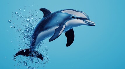 Obraz premium A playful dolphin gracefully leaps through the water, surrounded by bubbles, showcasing its streamlined body and joyful demeanor.