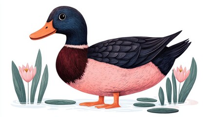 Obraz premium A colorful, illustrated duck stands amidst lily pads and flowers, showcasing a whimsical design and vibrant colors.