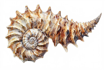 Obraz premium Detailed illustration of a spiraled, conical seashell with ridges, in warm brown and beige tones.