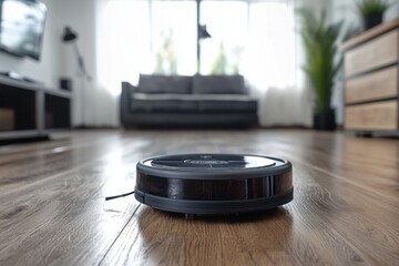 Robot vacuum cleaner efficiently cleaning hardwood floors in modern living room indoor environment close-up view for ultimate home cleaning experience