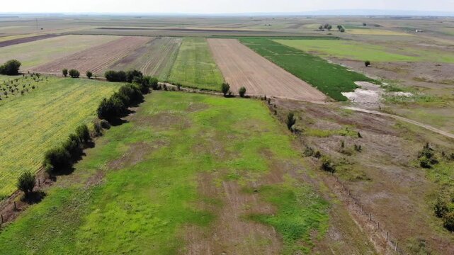 Stunning aerial footage of the Vojvodina plains showcases vast, open landscapes and lush fields under a clear sky. The camera glides over the serene, peaceful countryside, highlighting the natural bea