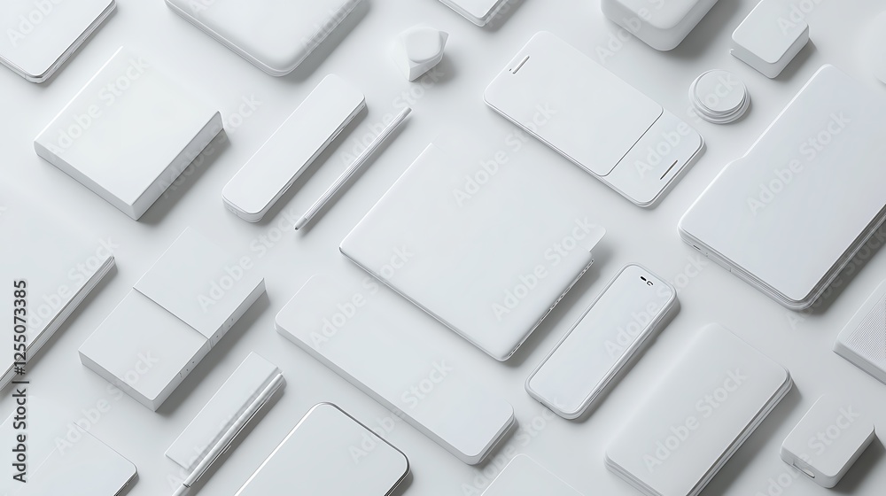 Poster white blank mockup objects on white surface