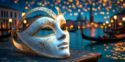 white Venetian mask with gold decorations