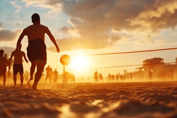 Sunset beach volleyball match with players enjoying the warm evening glow and sandy court