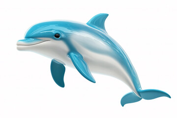 Fototapeta premium Smiling, smooth-surfaced dolphin in shades of blue and white, appearing to swim against a stark white background.