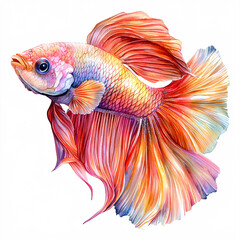 Fototapeta premium Watercolor painting of a vibrant betta fish, displaying flowing fins and scales with a mix of red, orange, yellow and blue.