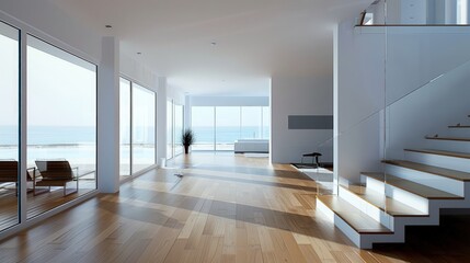 Modern Coastal Home Interior Design:  Ocean View Living Room with Wooden Floors and Glass Staircase