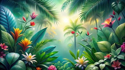 Obraz premium Lush Tropical Paradise Vibrant Blooms and Verdant Foliage in a Sun-Dappled Jungle Scene