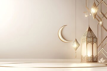 modern minimalist ramadhan banner with soft creame color and moon and lantern