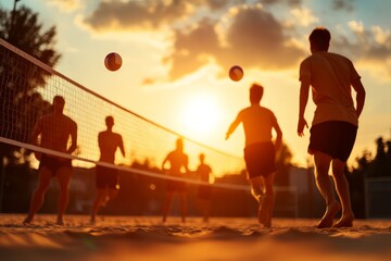 Fototapeta premium Exciting beach volleyball game takes place at sunset with players in silhouette