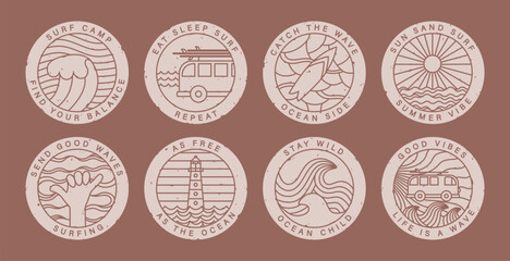 Retro minimalist summer surf badge with line illustration, text. Cute surfing camp sticker, t short, card design vector template