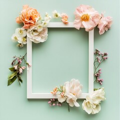 White frame adorned with pastel flowers on a mint green background.