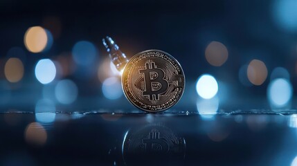 Bitcoin Coin Floating On Dark Background