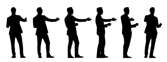 Vector concept conceptual black silhouette of a man in a costume dancing  from different perspectives isolated on white background. A metaphor for expression, relaxation, leisure and lifestyle