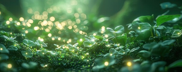 Glow forest concept. A serene close-up view of vibrant green plants illuminated by soft glowing lights.