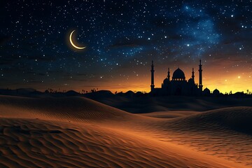 vast desert scene at night with a star studded sky and silhouette of a mosque