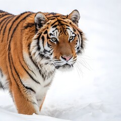 Fototapeta premium A dynamic and powerful image of a majestic Siberian tiger running through deep snow
