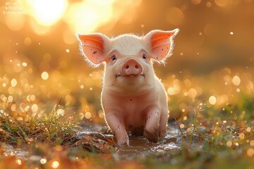Naklejka premium Adorable Piglet Playing in Golden Sunset Light