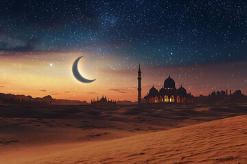 vast desert scene at night with a star studded sky and silhouette of a mosque