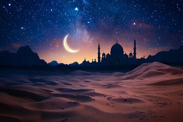 vast desert scene at night with a star studded sky and silhouette of a mosque