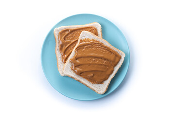 Bread toast with peanut butter cream isolated on white background. Top view