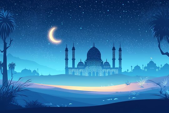 white digital banner featuring serene night desert, a mosque and crescent