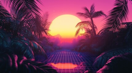 Fototapeta premium Retro 80s Synthwave Gradient with Bold Neon Colors and Retro Grids