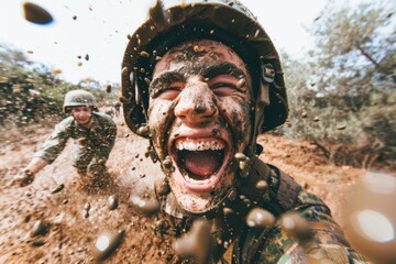 Soldier cheering in muddy obstacle course training