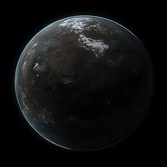 Fototapeta premium Unexplored Planet With Dark Landmasses and Icy Surfaces Displayed in a Dark Cosmic Void Landscape