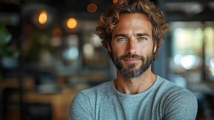 Obraz premium Confident Gaze: A man with a charmingly rugged beard and curly hair gazes confidently at the camera, a captivating portrait that evokes a sense of self-assurance and warmth.