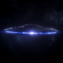 Unidentified Flying Object Illuminated with Blue Lights Against Starry Sky in the Vastness of Space