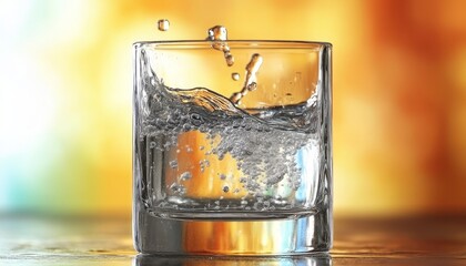 Refreshing Splash Water Droplet Making a Splash in a Glass with Vibrant Bokeh Background