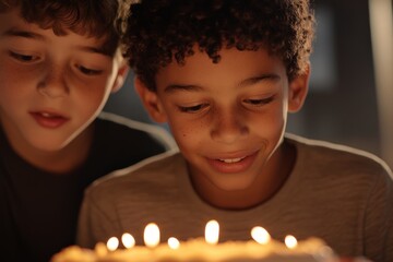 Young boys celebrating a birthday with cake and candles at night