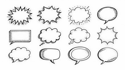 Fototapeta premium Collection of Hand-Drawn Speech and Thought Bubbles Featuring Various Styles and Designs