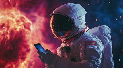 Astronaut using smartphone against cosmic backdrop