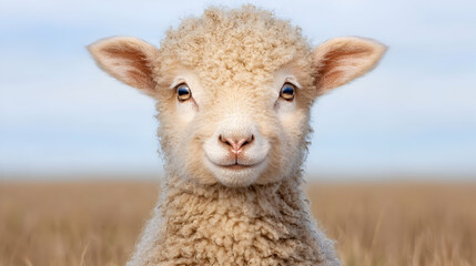 Obraz premium Cute lamb portrait, field background, spring pasture