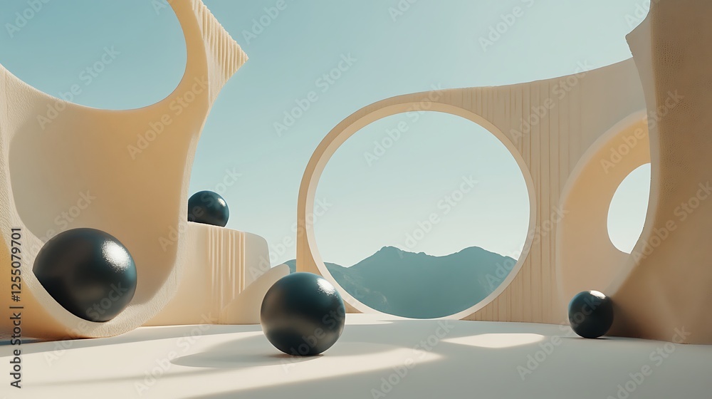 Poster abstract architectural scene with spheres, sunny day, mountains in the background. possible use 3d r
