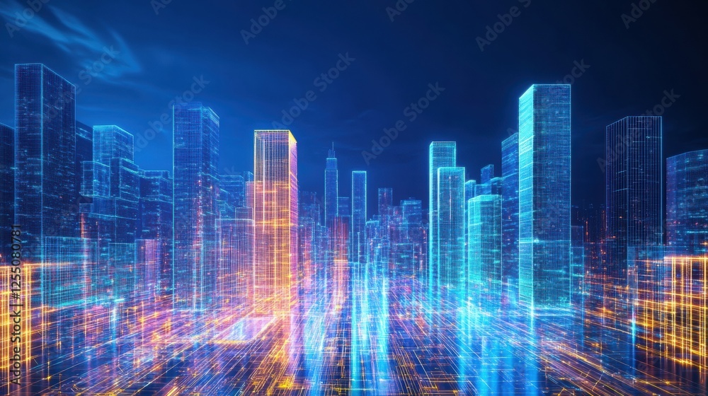 Poster exploring a vibrant futuristic cityscape filled with tall skyscrapers and glowing lights. generative