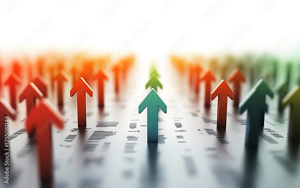Poster abstract graphic of many colorful upward arrows pointing towards a central light. possible use in bu