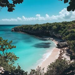 Fototapeta premium Azure Coastal Paradise: Turquoise waters gently lap against a pristine sandy beach nestled beneath lush green cliffs, framed by the vibrant blue sky above.