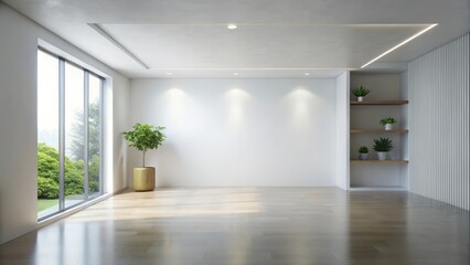 Obraz premium Bright, airy minimalist room interior design with large window, hardwood floor, potted plants, and built-in shelving unit