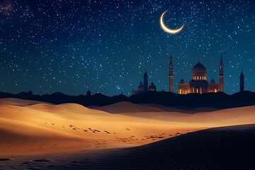 vast desert scene at night with a star studded sky and silhouette of a mosque