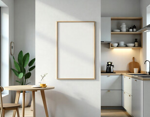 Modernes Poster-Mockup in skandinavischer Wohnküche mit natürlichem Licht
