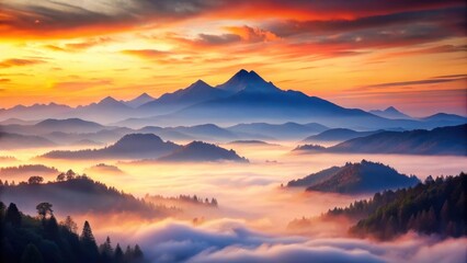 Obraz premium Serene Sunrise Over Misty Mountain Ranges, Illuminating a Picturesque Landscape of Rolling Hills and Verdant Forests