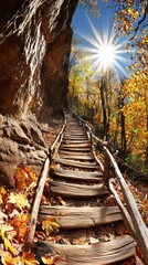 Naklejka premium Bridge over the river with a canoe, surrounded by mountains, forest, and a scenic path