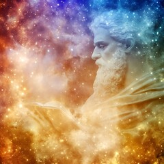 Obraz premium Wise Sage Reading in Celestial Realm With Sparkling Stars and Nebula Against Cosmic Night Sky Backdrop