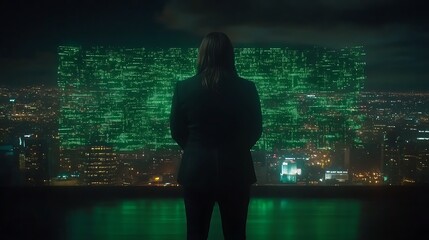 Woman Looking Out Over Futuristic City Data Stream